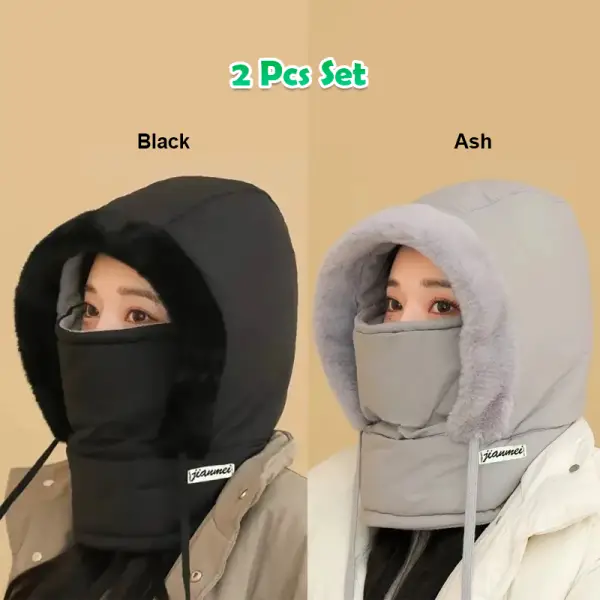 2 Pcs Set Khaki and Ash Color Winter Thick Warm Windproof Hat with Ear Flaps