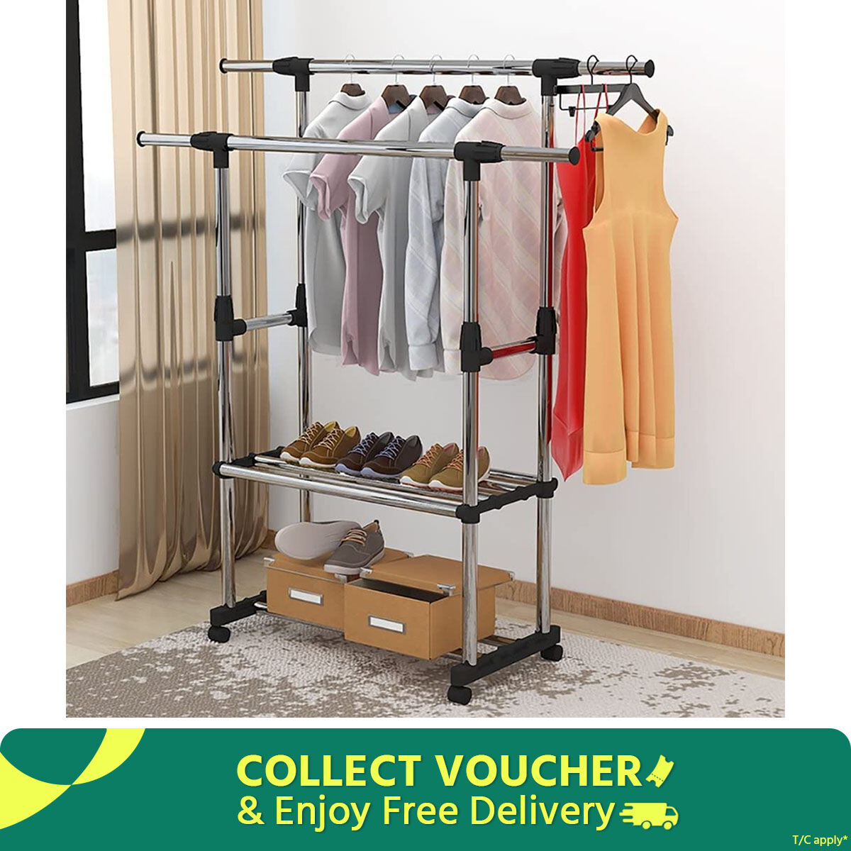 Double Pole Adjustable Clothes Rack with Storage Shelf 6808