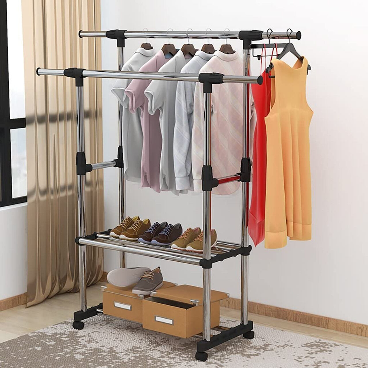 Double Pole Adjustable Clothes Rack with Storage Shelf 6808 - Image 2